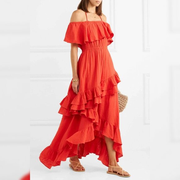 Rhode Resort Salma Dress XS Women Casual Off Shoulder Ruffled Red Maxi NWT 24251